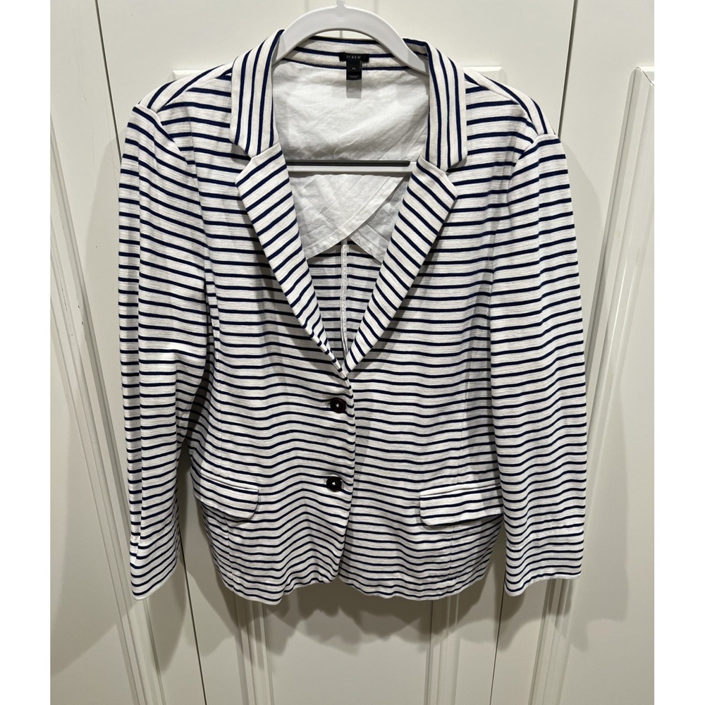 J Crew Striped Knit Blazer Blue & White Nautical Preppy Tailored Cotton